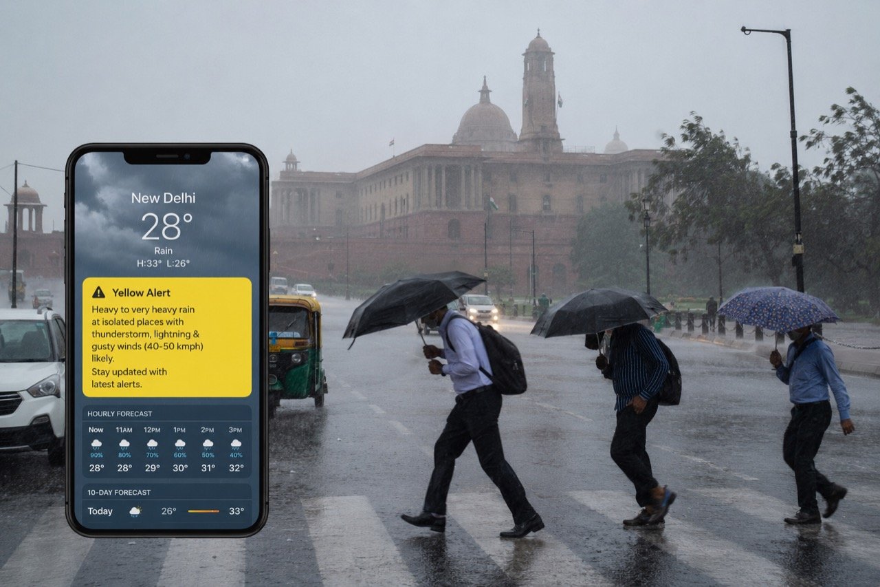 Monsoon rain lashing a busy Delhi street with commuters under umbrellas, dark storm clouds overhead and traffic moving through waterlogged lanes