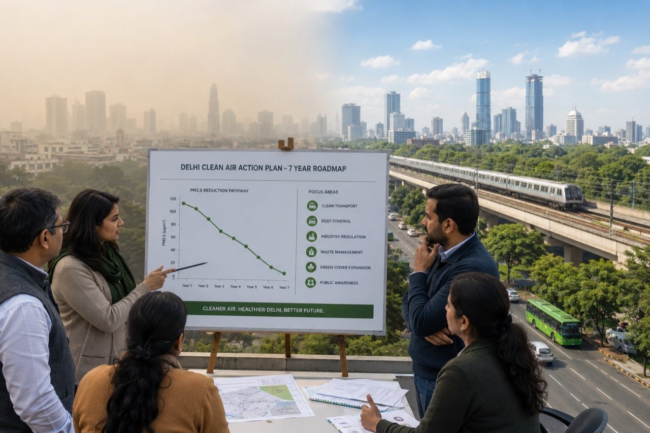 Delhi skyline shrouded in smog with India Gate faintly visible through grey haze and commuters wearing masks in the foreground