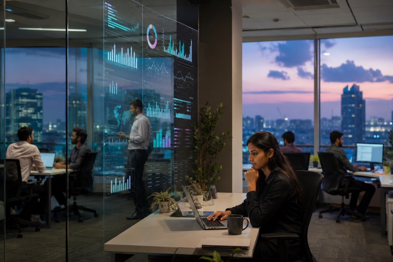 A modern Indian IT office campus with young professionals walking past glass buildings, laptops in hand, suggesting renewed tech hiring