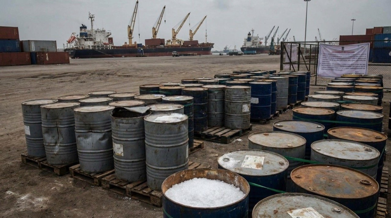 Industrial chemical drums representing sodium nitrite imports under India's anti-dumping investigation.