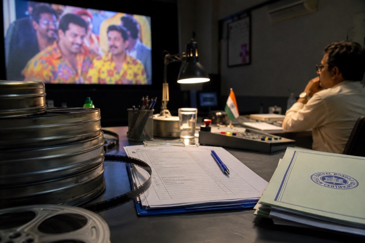A film certification stamp and clapperboard against a colourful Bollywood comedy poster backdrop, representing Dhamaal 4's CBFC clearance
