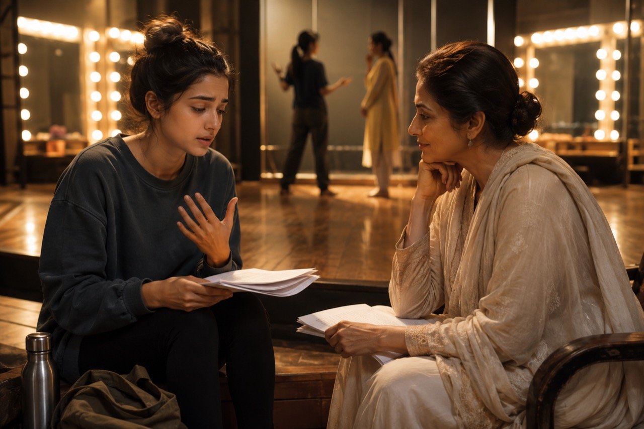 A young actor stands nervously at the edge of a glamorous Bollywood film set while a legendary star performs under bright studio lights
