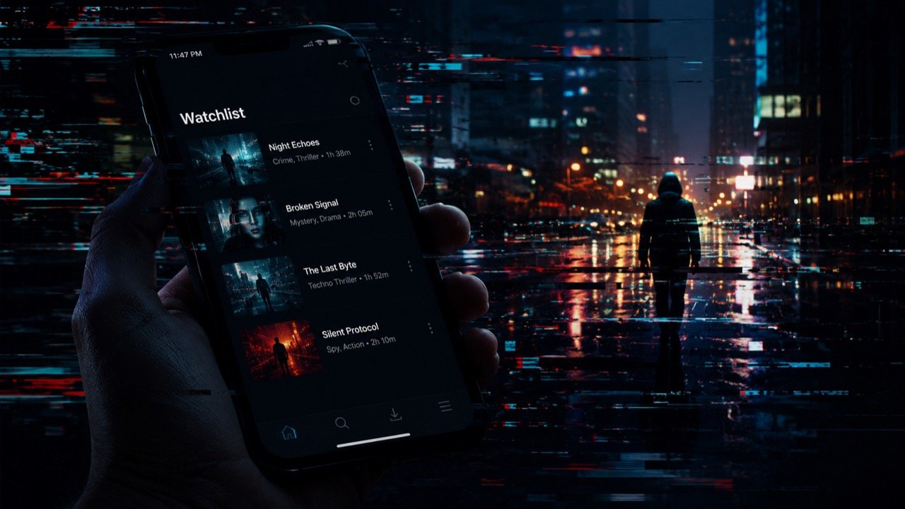 Moody cyber-thriller poster-style scene with a glowing laptop screen casting blue light on a tense face, digital code and warning symbols swirling in the dark background