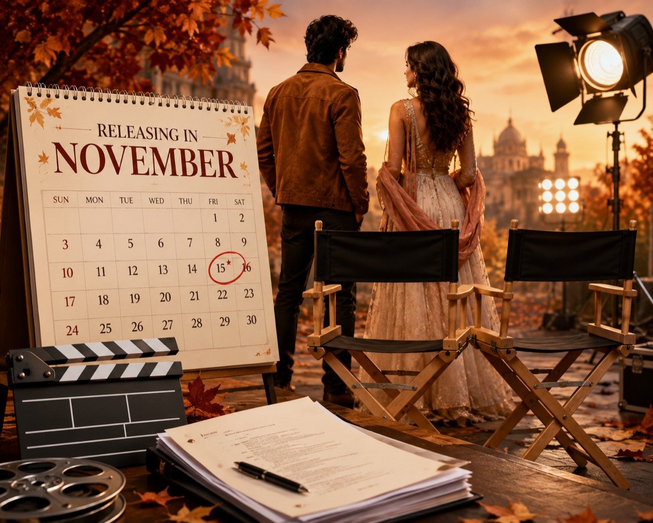 A film clapperboard and cinema marquee lights framing a November calendar page, evoking a Bollywood release announcement