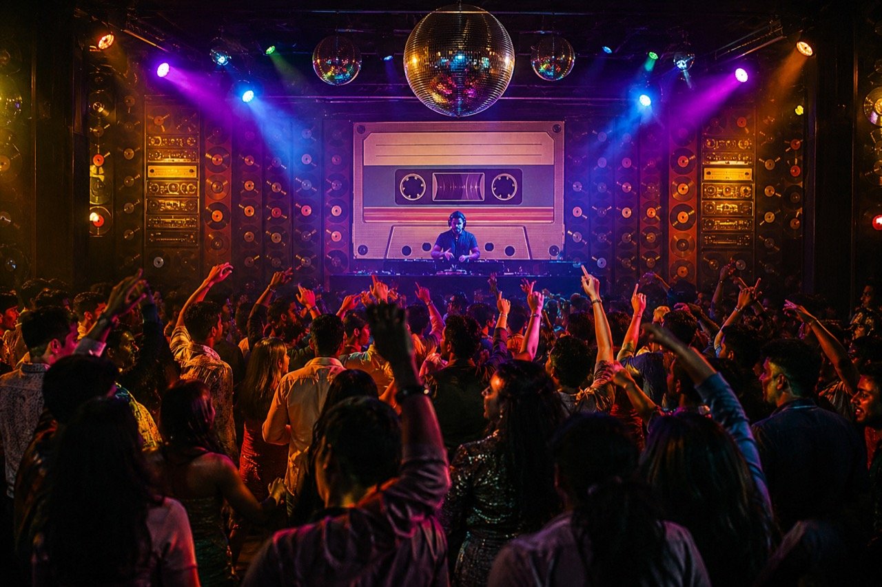 A DJ performing at a neon-lit retro Bollywood club night, with a dancing crowd under colourful 90s-style disco lighting