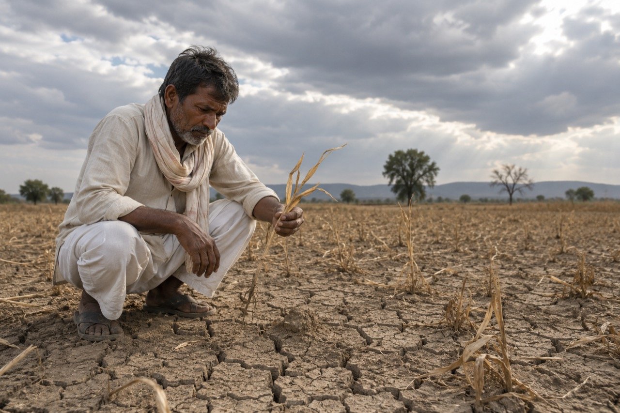 A farmer standing on parched, cracked earth in an Indian field under a harsh sky, reflecting spreading drought conditions and agricultural distress