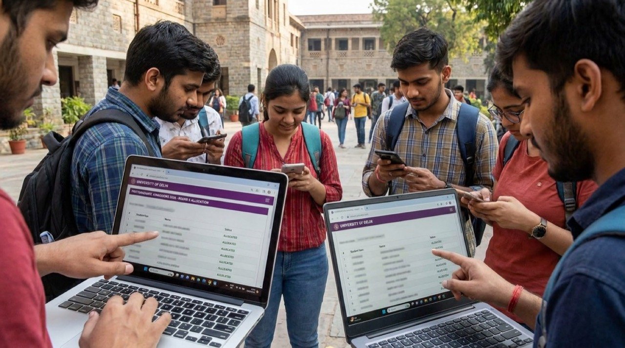 Students checking Delhi University CSAS-PG round two seat allocation results for 2026 postgraduate admissions on the official DU portal.