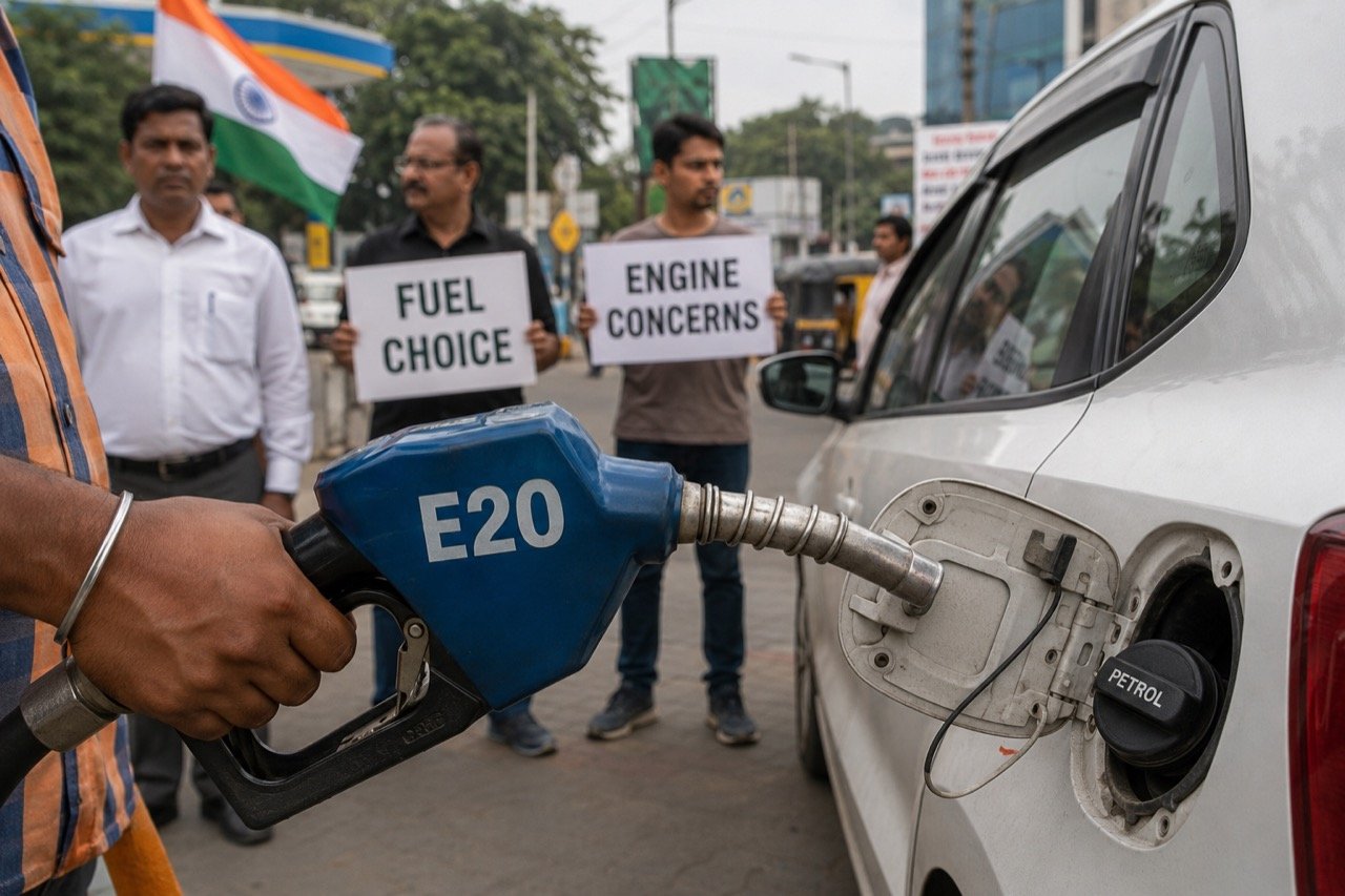 A motorist refuelling a car at an Indian petrol station where a green E20 ethanol-blend label is displayed on the fuel dispenser