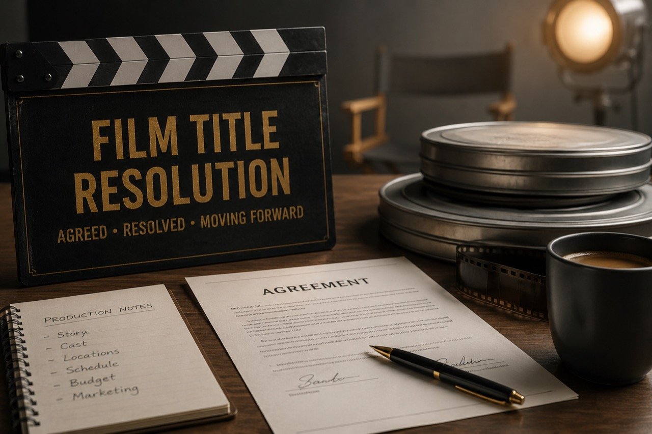 A film clapperboard and script pages on a table beside a traditional lavani performance costume, evoking a Hindi film title dispute rooted in cultural legacy