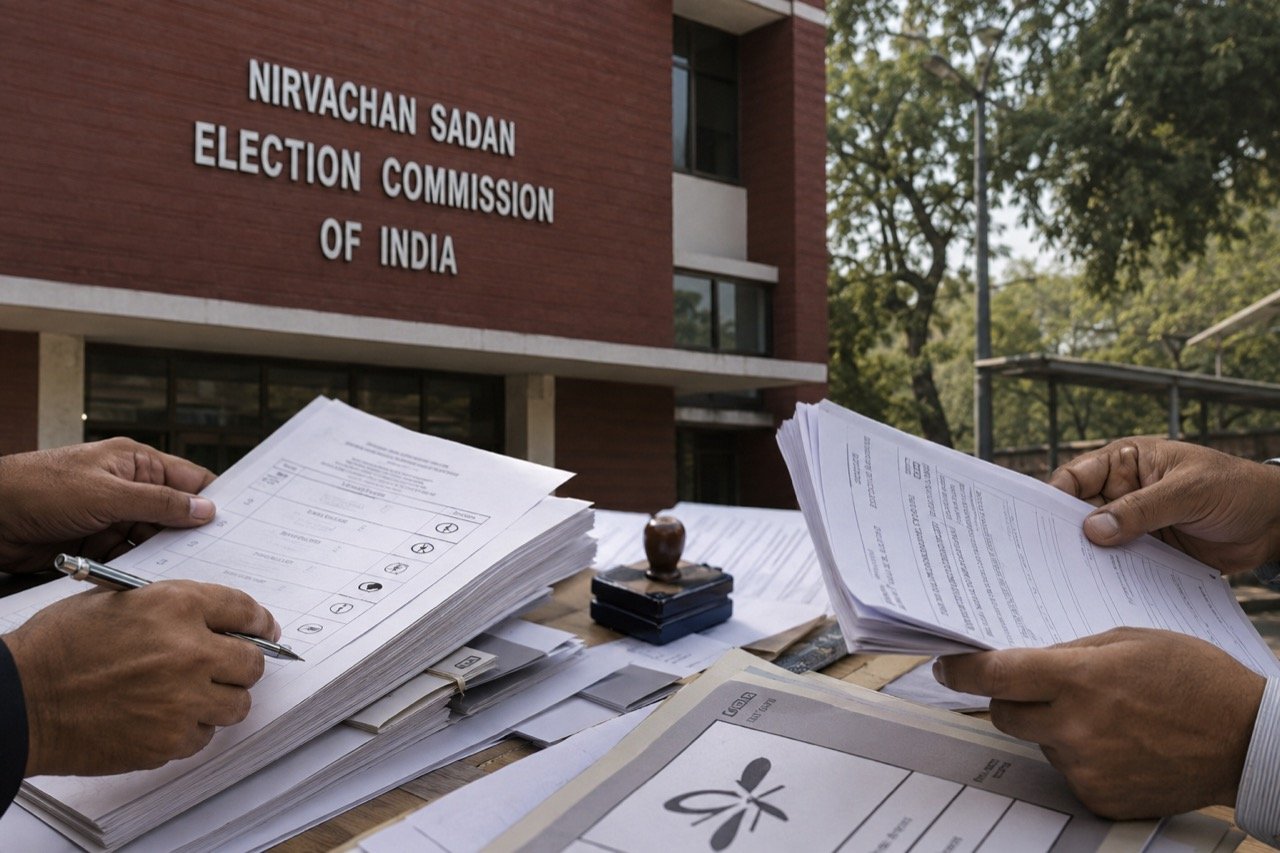 The Election Commission of India building with party flags and ballot symbols representing a party-name registration dispute in Telangana