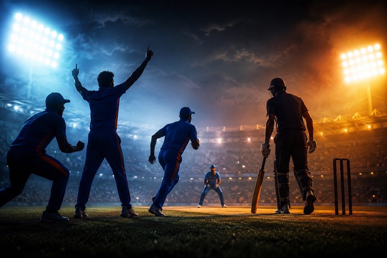 A T20 cricket match under floodlights at Old Trafford, with an England batter driving through the covers as Indian fielders give chase