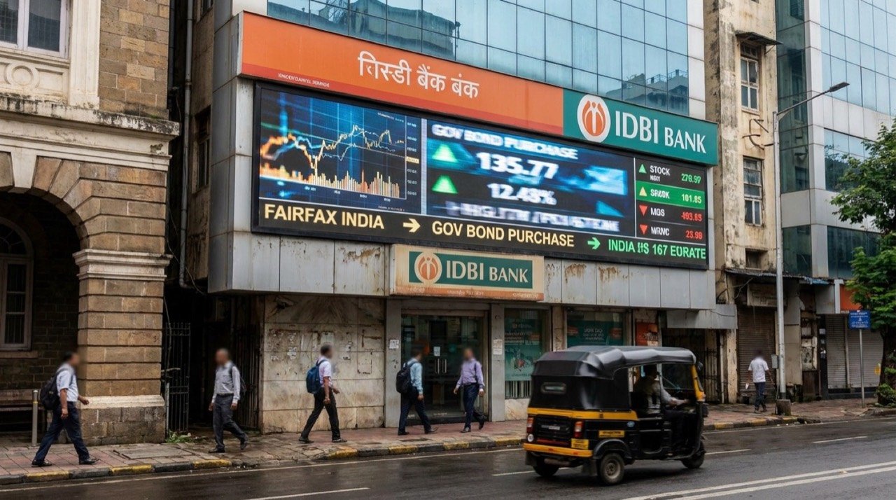 IDBI Bank branch signage with financial market data illustrating Fairfax India's government bond purchase