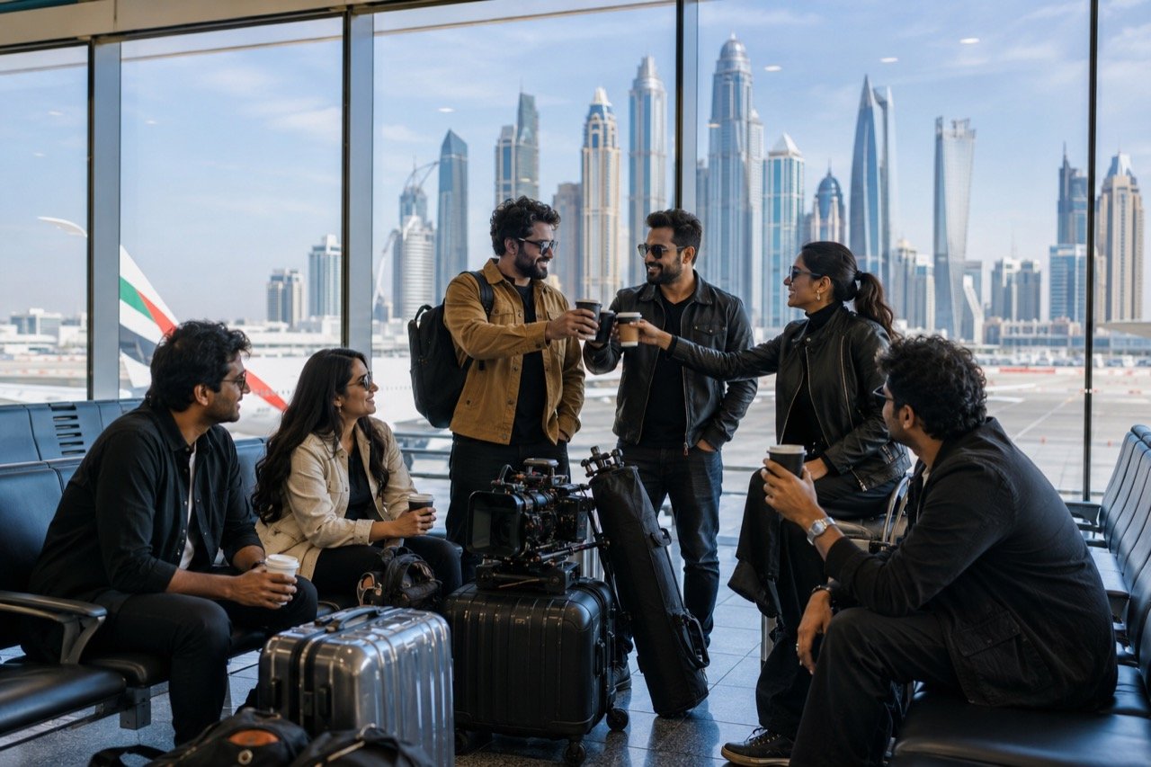 A glamorous Bollywood film premiere scene in Dubai with a red carpet, bright lights and a celebratory crowd