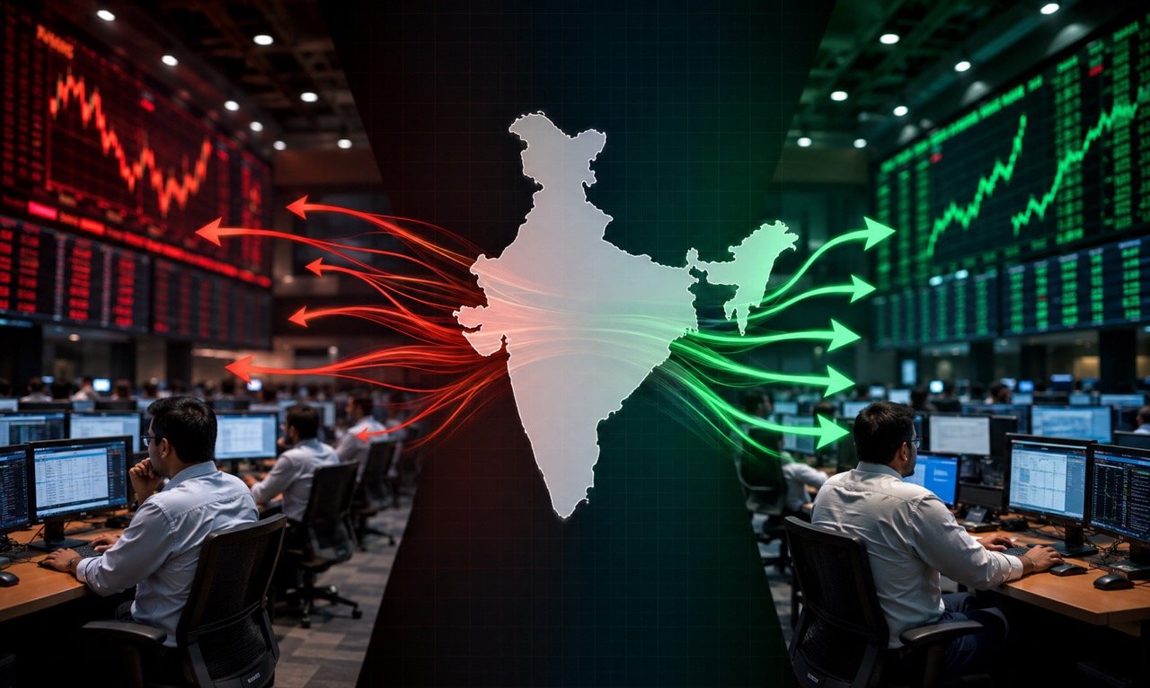 A tug-of-war visual over a stock market chart, with foreign investor outflows in red on one side and domestic institutional inflows in green on the other