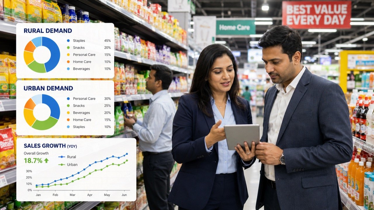A brightly stocked Indian kirana store shelf with packaged foods and personal-care products, a shopper reaching for daily-use goods