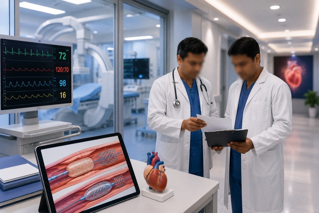 A modern hospital cardiac care corridor with medical monitors glowing softly, suggesting a recovery ward after a successful heart procedure.
