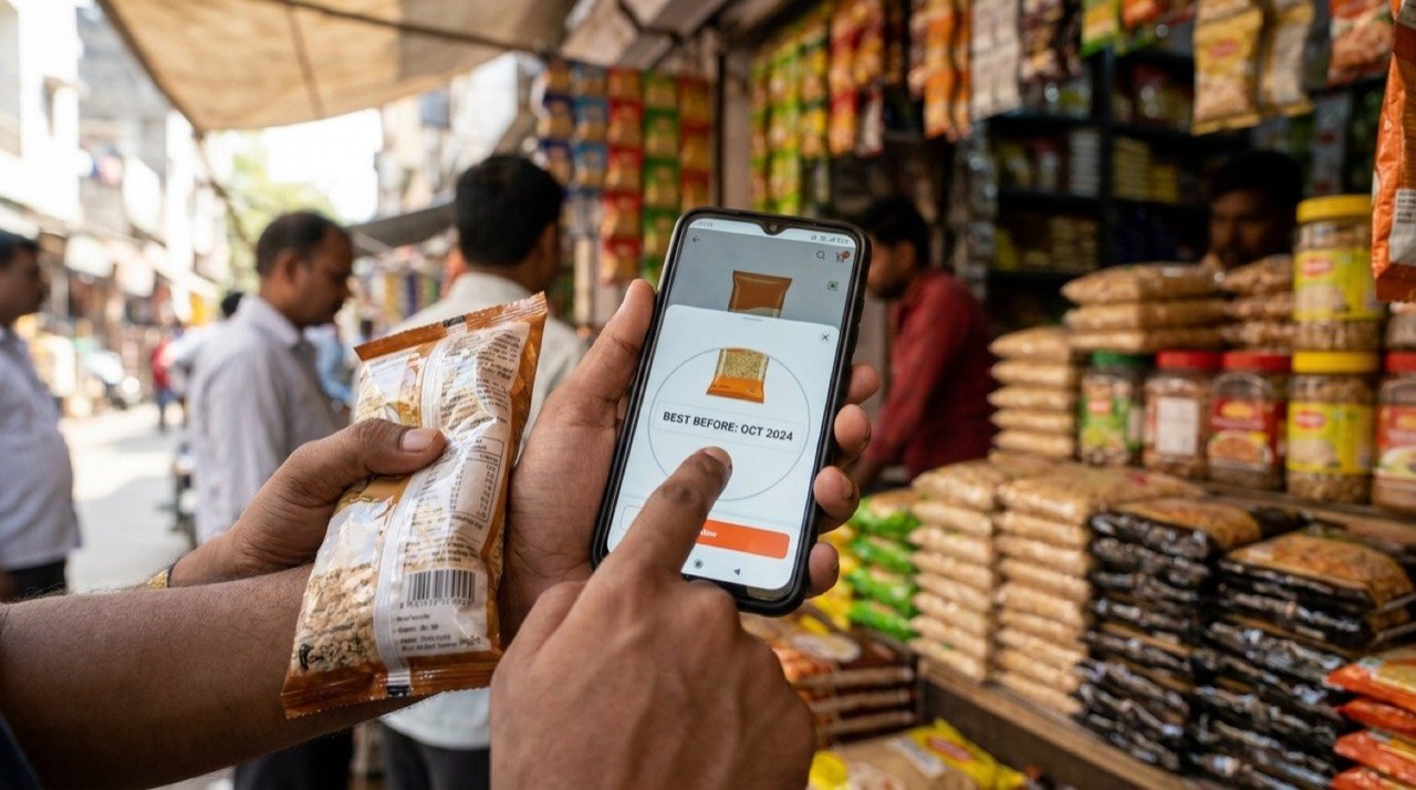 Shopper checking expiry date information on a quick-commerce grocery app on a smartphone