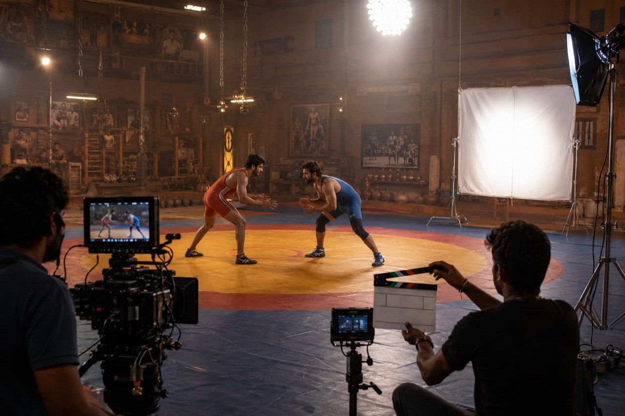 A wrestling arena bathed in warm stage light with two figures facing off on the mat, evoking the sports-comedy world of Gatta Kusthi 2.