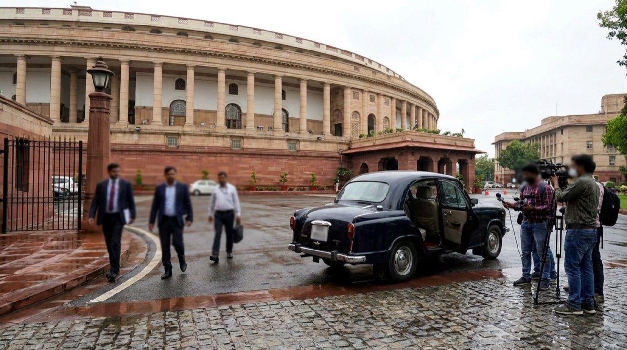 Exterior of India's Parliament building representing a Union minister's resignation over Rajya Sabha membership