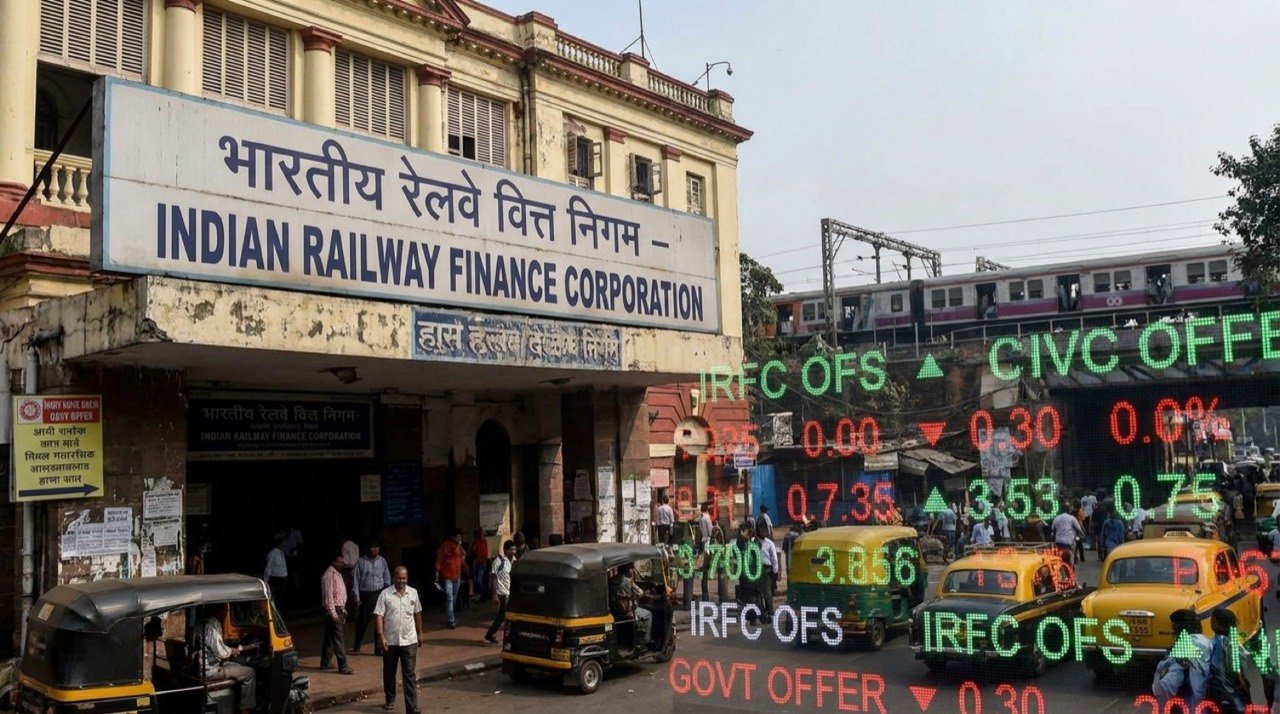 Indian Railway Finance Corporation signage with a stock ticker overlay, illustrating the government's IRFC offer for sale