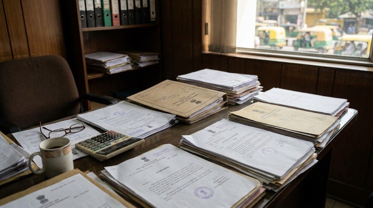Documents and a calculator representing FCRA compliance rules for foreign-funded NGOs in India
