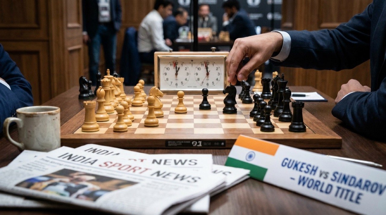 Chess board mid-game with a clock running, representing world champion D Gukesh preparing his title defence against Javokhir Sindarov