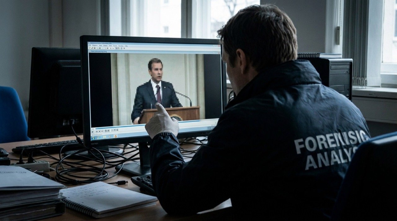 Forensic analyst examining digital video evidence on a screen, illustrating the Bhagwant Mann video authenticity dispute
