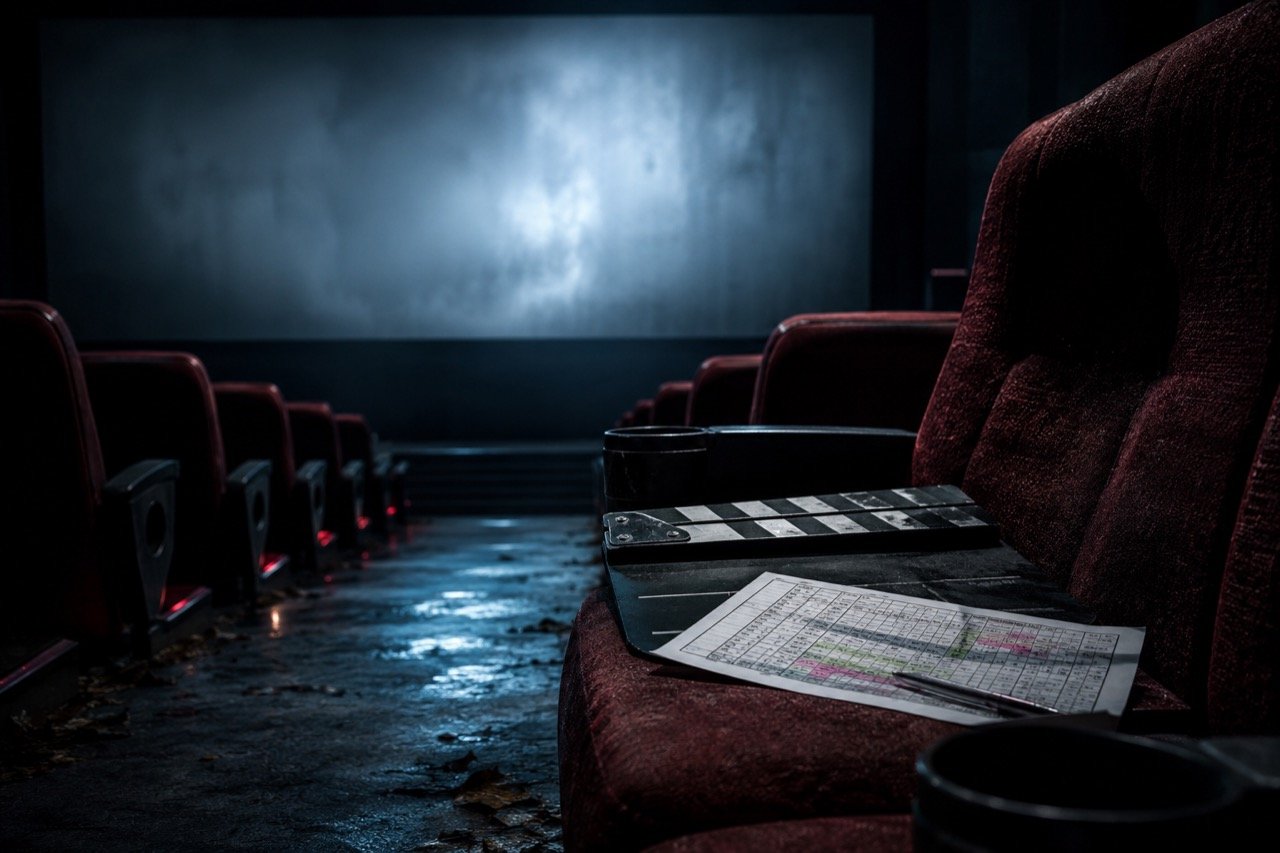 A dimly lit cinema corridor with an eerie red glow and a lone theatre seat, evoking the mood of a Tamil horror thriller release