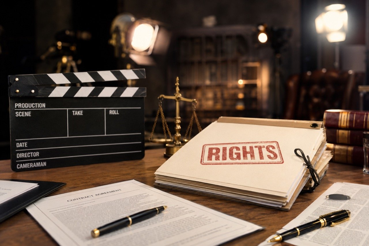 A film clapperboard and legal contract on a desk beside a Bollywood cinema reel, symbolising a rights dispute over a movie franchise