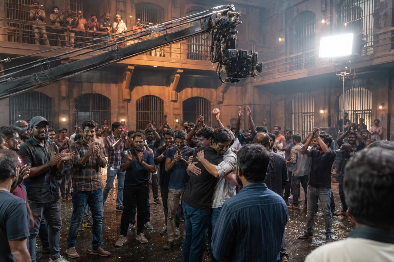 A grand film studio floor with two director's chairs under dramatic spotlights, a clapperboard reading Jailer 2, and crew wrapping up equipment after a shoot