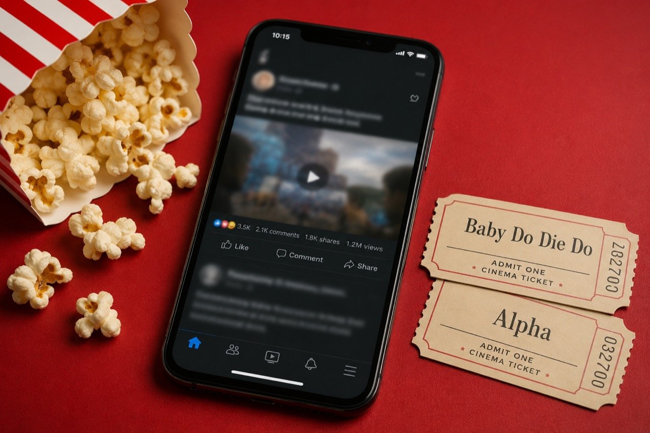 A smartphone showing a trending social media post against a backdrop of cinema marquee lights, capturing a viral Bollywood moment