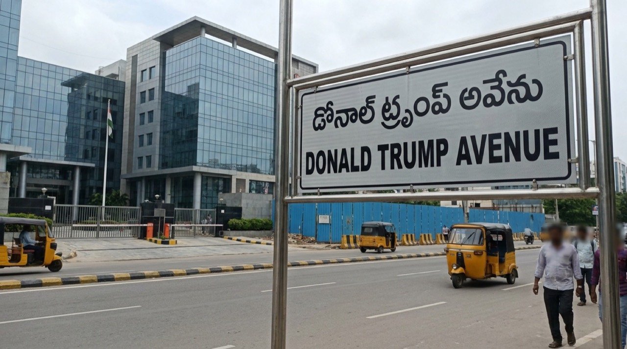 Newly named Donald Trump Avenue road sign near the US Consulate in Hyderabad's Financial District