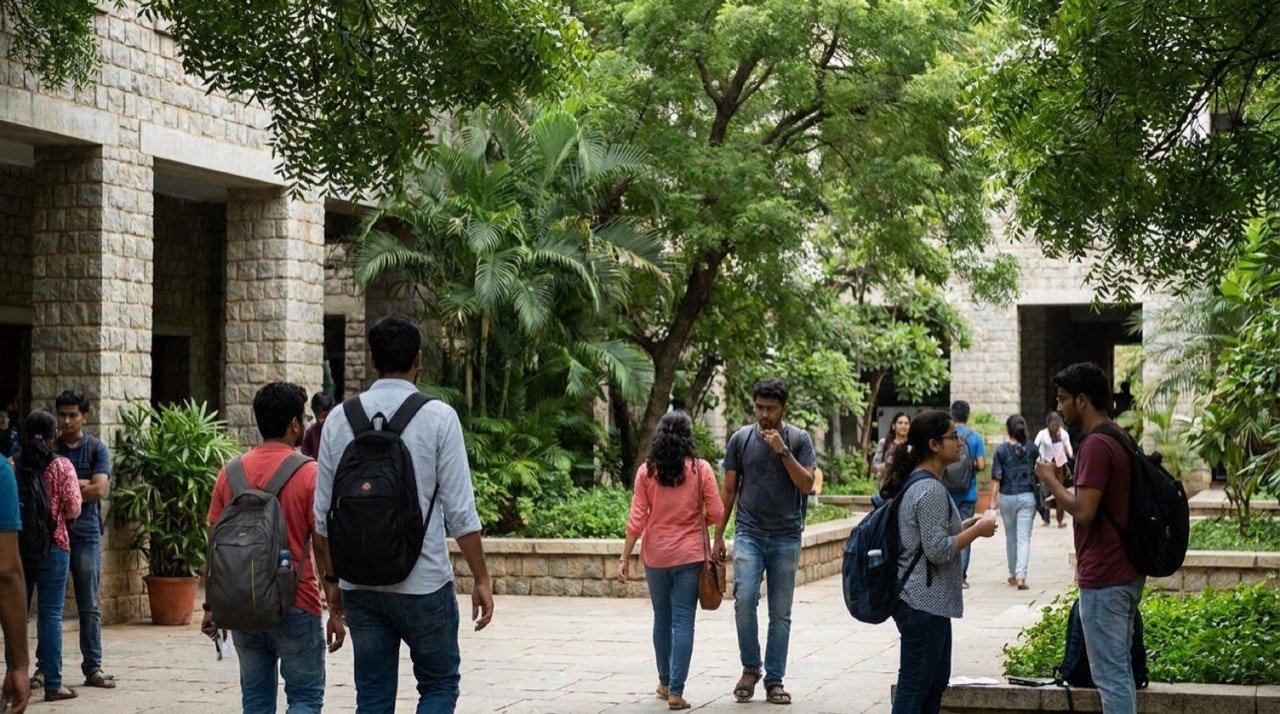 Students walking on the IIM Bangalore campus, a top Indian management institute recognised for social impact