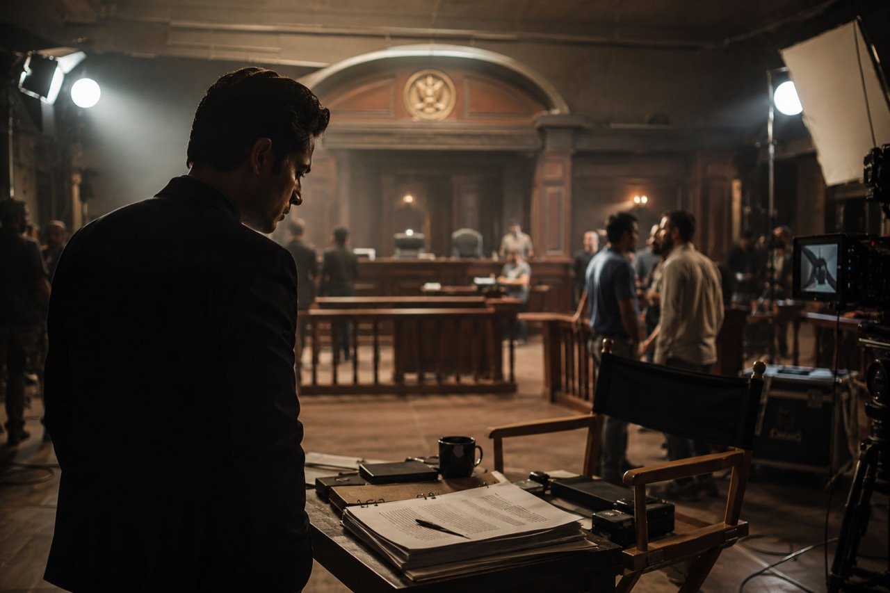 A focused actor reviewing a script on a dimly lit film set, with crew members and camera equipment preparing a scene in the background