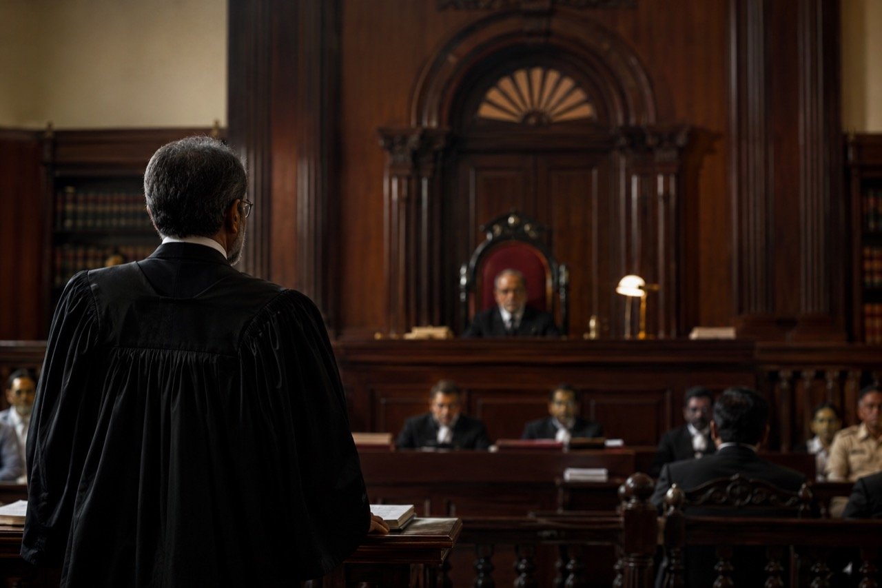 A tense courtroom scene with two senior lawyers facing each other across a wood-panelled Indian courtroom, dramatic lighting falling on the judge's bench behind them