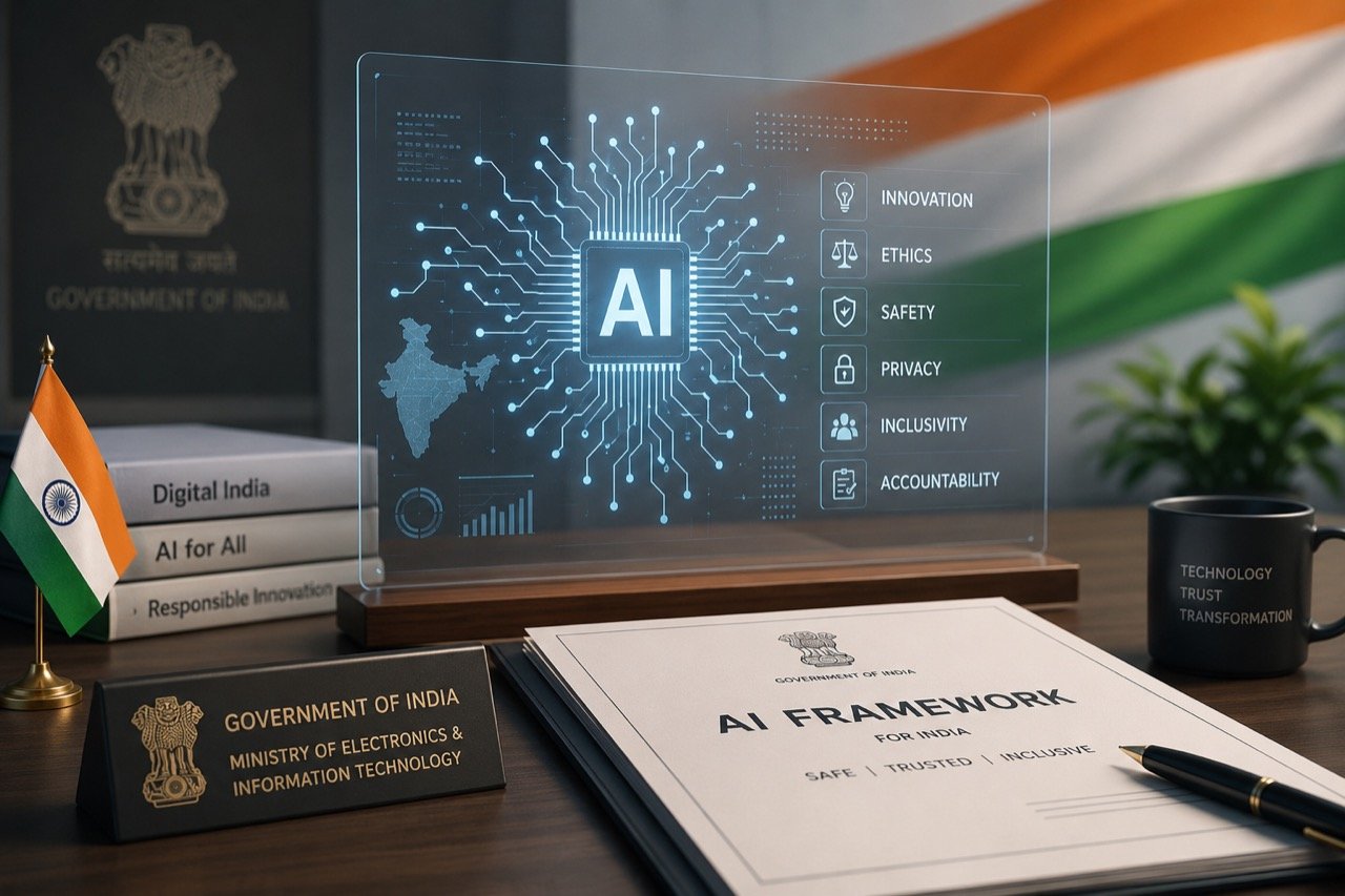 A gavel resting beside a glowing circuit board and the Indian tricolour, representing the debate over artificial intelligence law in India