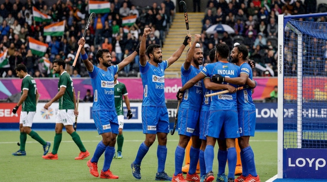 Indian men's hockey players celebrating a goal during an FIH Pro League match against Pakistan in London