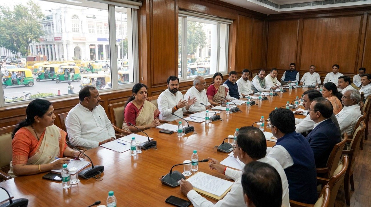 Opposition leaders seated around a conference table at a coalition meeting in New Delhi.