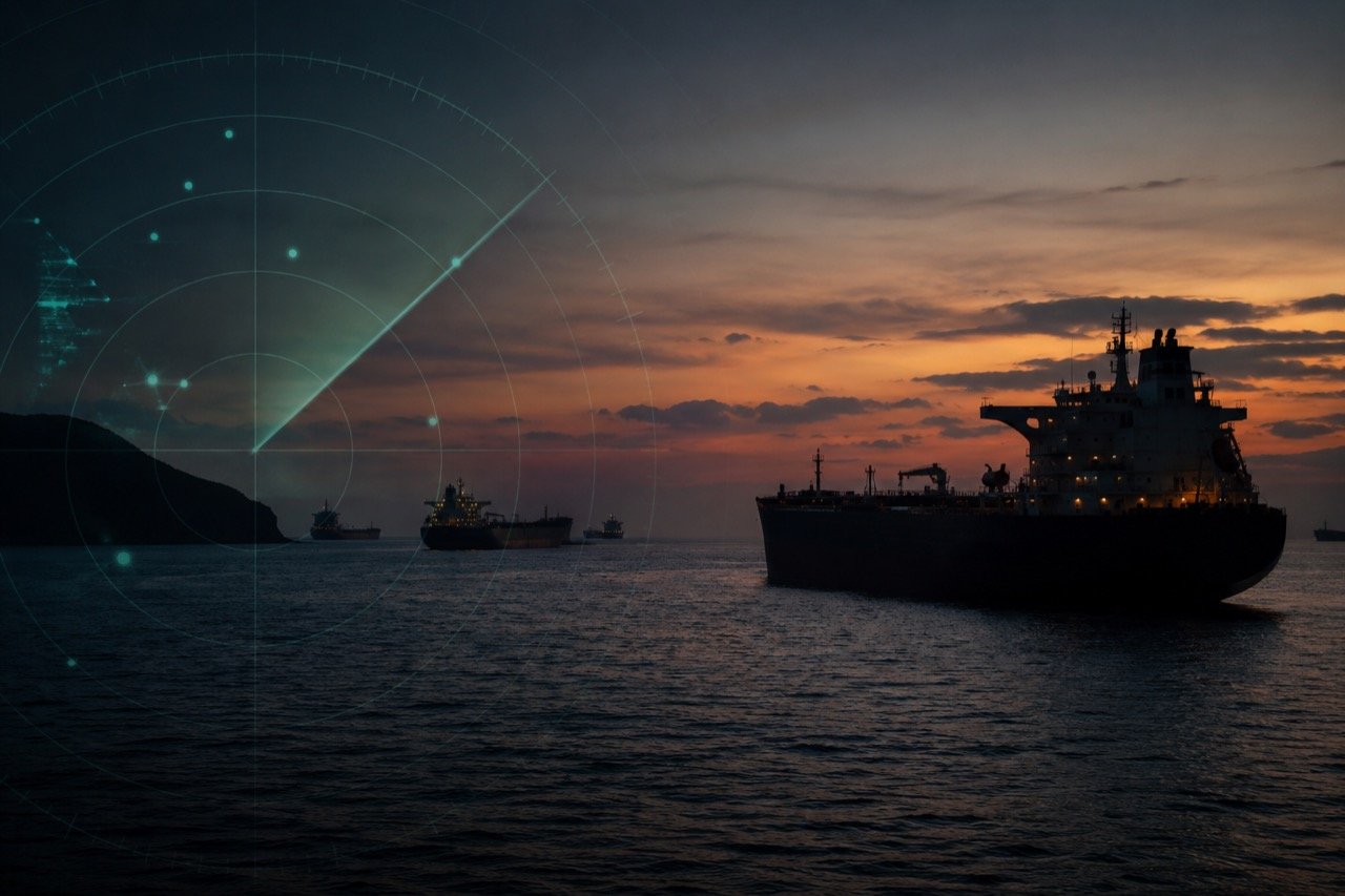 Oil tankers and cargo ships sailing through the narrow Strait of Hormuz at dusk, with radar-style tracking lines fading out over dark waters