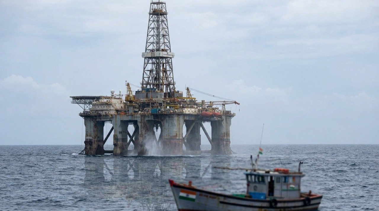Offshore deepwater oil and gas drilling rig at sea reflecting India's extended exploration bid deadline