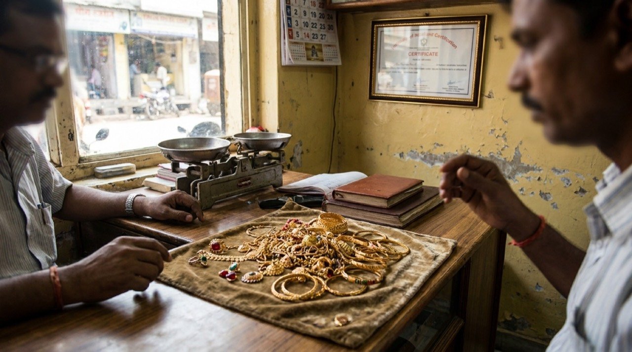 Gold jewellery and bangles placed on a lender's counter, illustrating India's growing gold loan market and falling default ratios