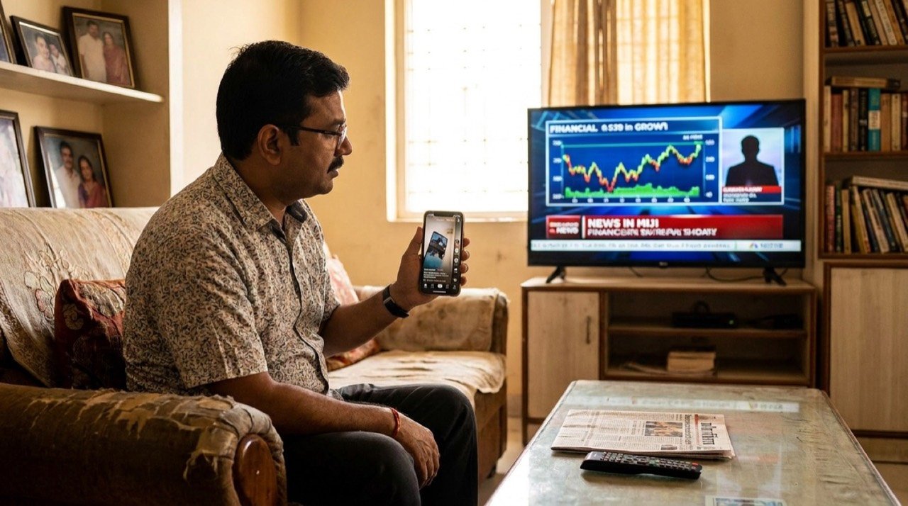 Indian viewer watching streaming and short-video content across a smartphone and television in a hybrid entertainment setting
