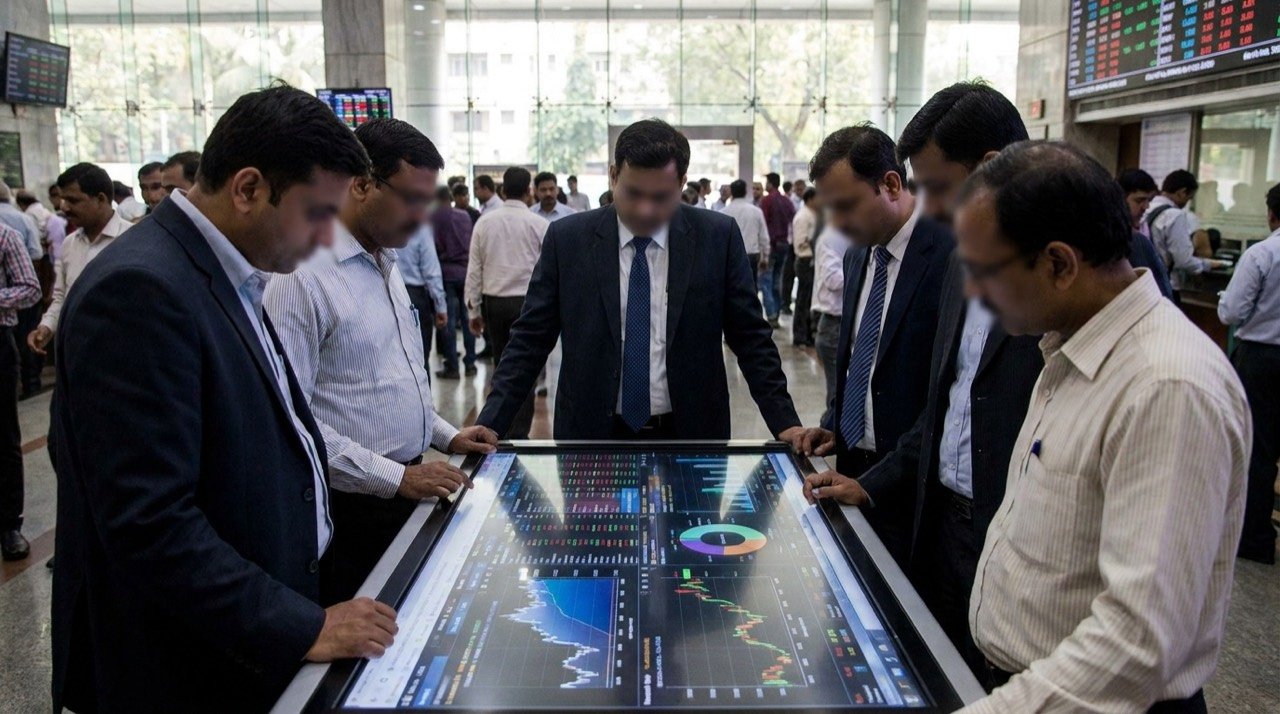 Investors reviewing an initial public offering prospectus on a trading floor screen.