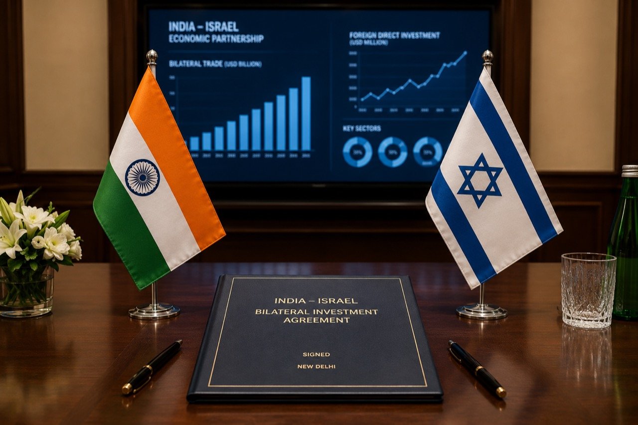 Indian and Israeli flags side by side on a conference table as officials discuss an investment agreement with financial documents before them