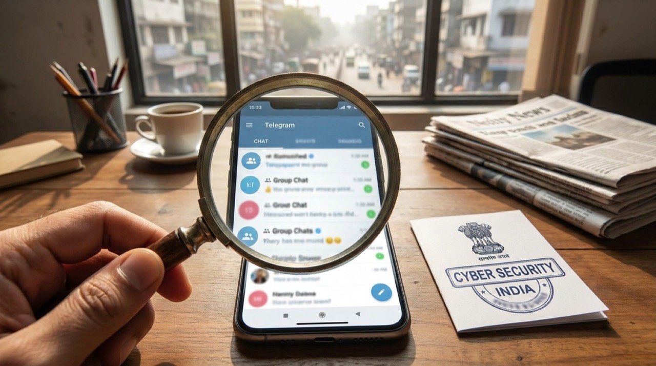 Smartphone showing the Telegram app under a magnifying glass, illustrating India's increased monitoring of the platform over cybercrime concerns.