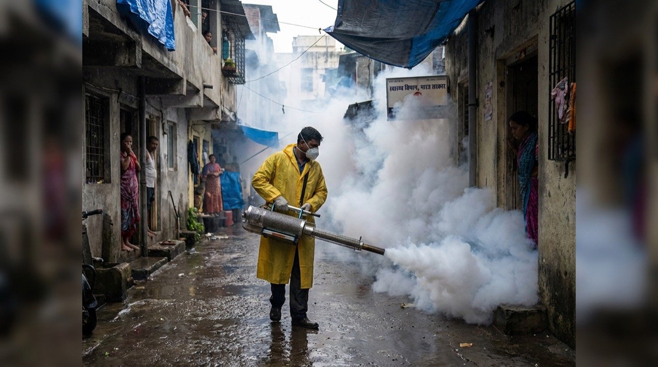 A health worker fogging a residential lane for mosquito control during the monsoon season in India.