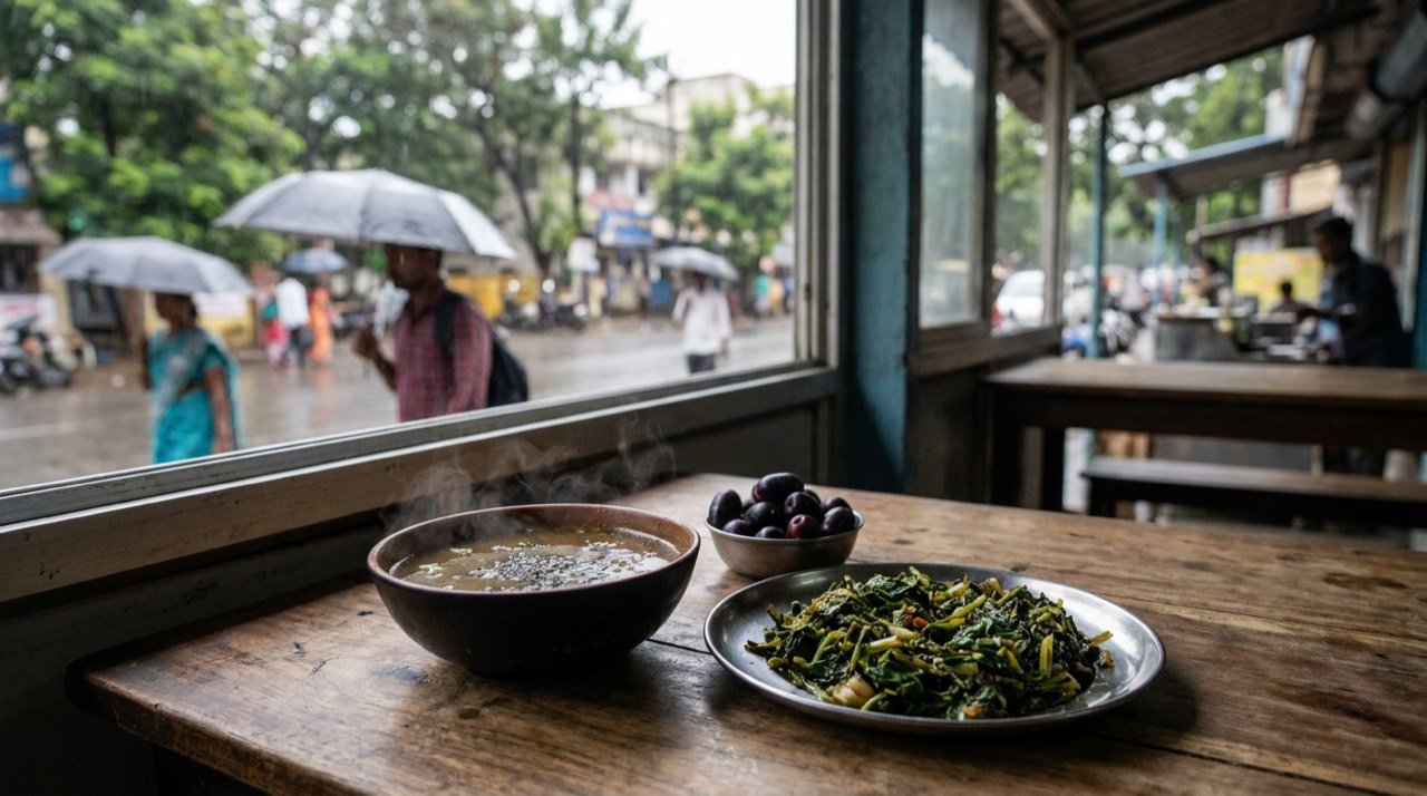 A steaming bowl of South Indian pepper rasam beside a plate of monsoon greens and fresh jamun fruit.
