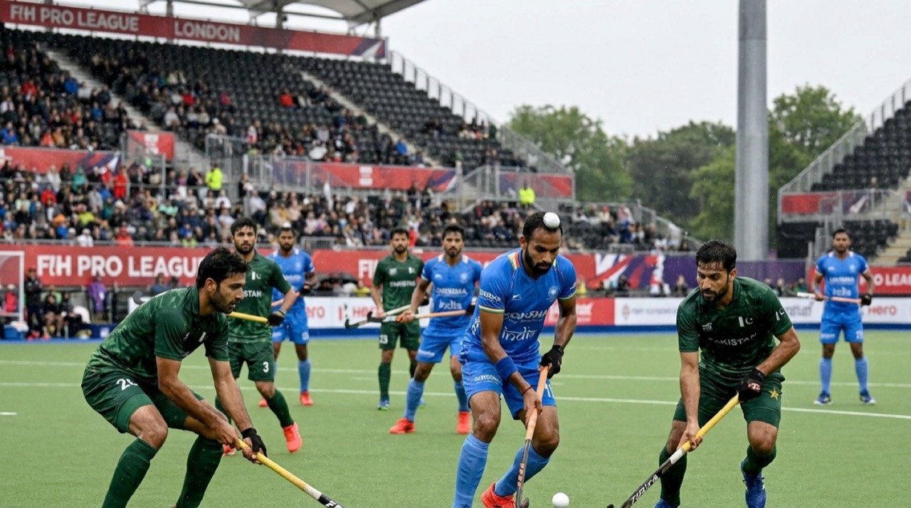 Indian and Pakistani field hockey players competing in an FIH Pro League match at a London venue