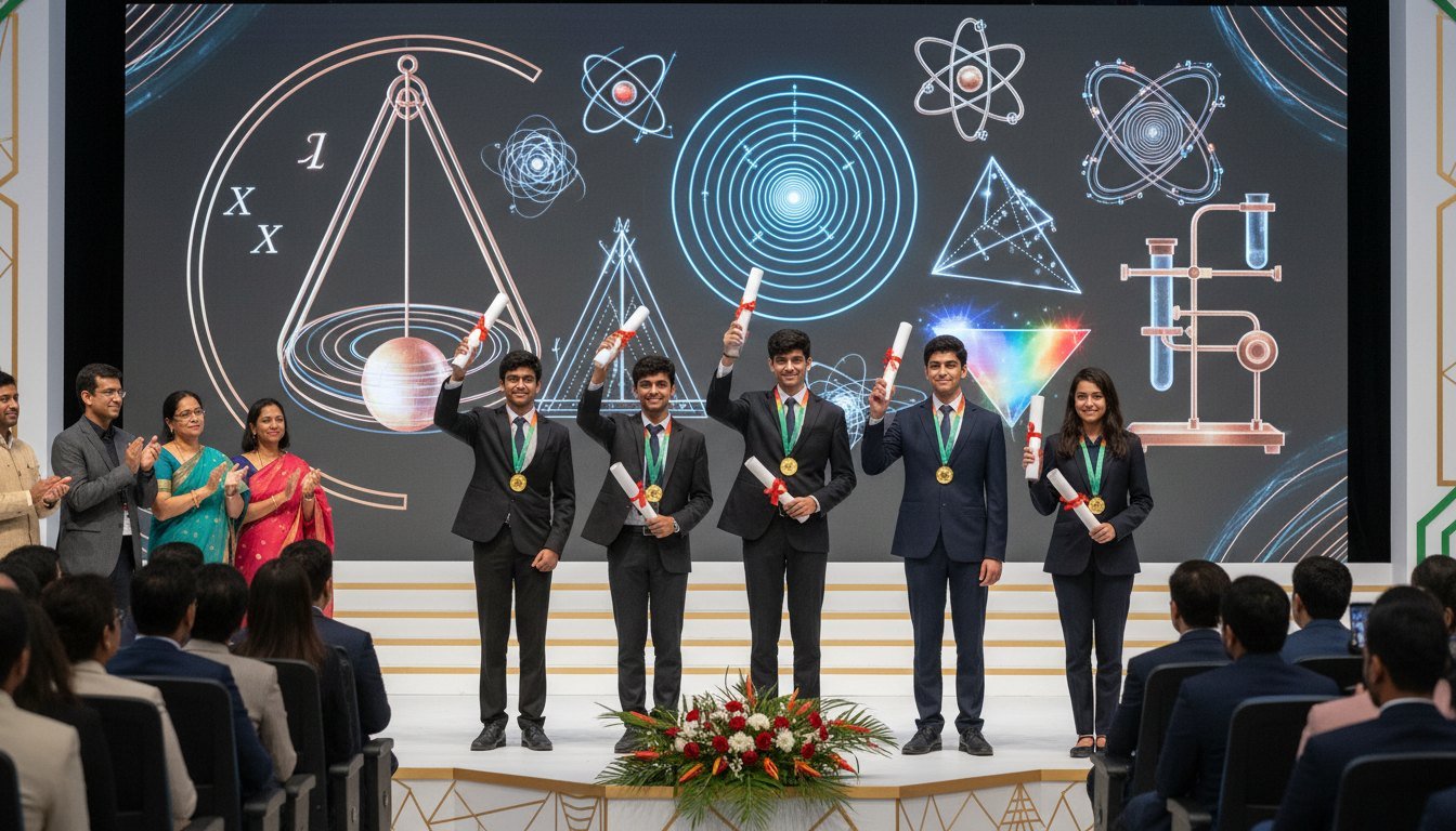 Five Indian students hold gold medals and certificates on a physics-themed stage after the International Physics Olympiad