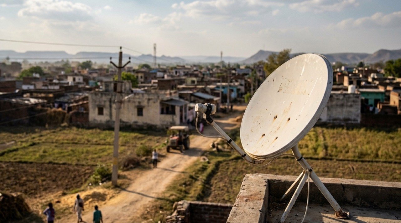 Low-earth-orbit satellite dish set against an Indian rural skyline illustrating satellite broadband connectivity